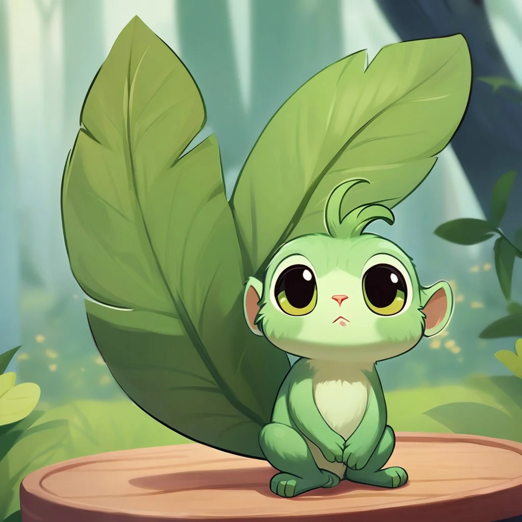 masterpiece,best quality,<lora:bizhi_a3:1>,bizhi, no humans, Tanzee resembles a small, light green monkey with a big leaf in its forehead. Its tail has a small leaf on its tip.