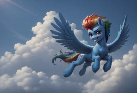 score9, score8up, score7up, score6up, score5up, score4up, Rainbow Dash, Pony, Pegasus, Mare, solo, feral, Outdoors, Flying, Clouds, looking at you, ((fluffy)), Grin, detailed background, Sunlight, hyper-realistic light and shadow.