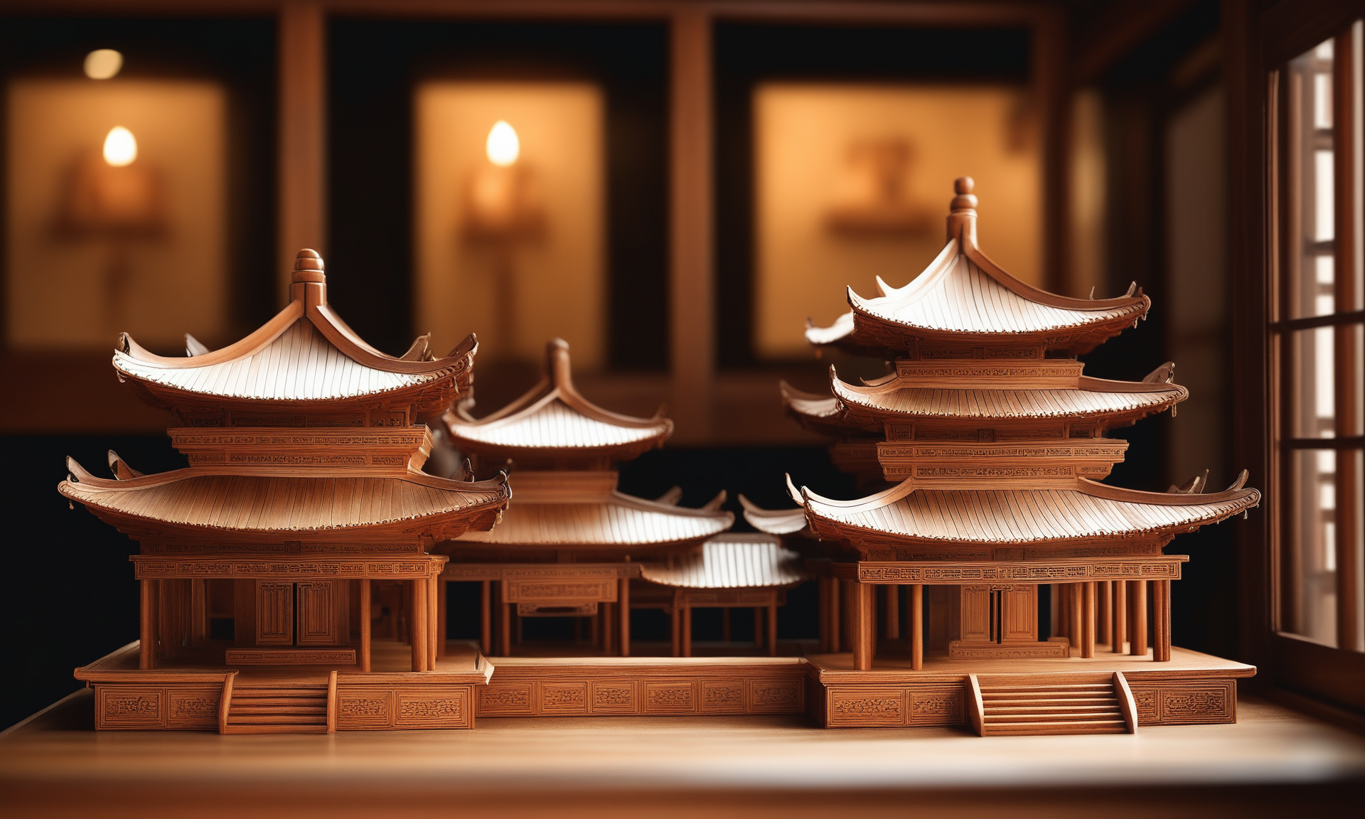 <lora:woodcarvingcd_xl-000005:0.9>,a wooden toy of Chinese architecture is placed on the table,woodcarvingcd_xl,wood carving,miniature,tilt-shift,wood carving,indoors,no humans,east asian architecture,cutie,cute,(Unbelievable Digital Artwork:1.3),CGSociety,ArtStation,master works, emotional, harmonious, high budget, moody, epic, gorgeous, perfect lighting, realistic, photorealistic, photographic, photo (medium),real, moody lighting, volumetric lighting, reality ray tracing, 8K, HDR, UHD, masterpiece, best quality, highly detailed, high resolution, finely detail, extremely detailed, ultra detailed, wallpaper
