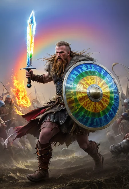 VALHERO neouv, viking warrior holding rainbow shield and rainbow sword while running through the battle of ragnarok
