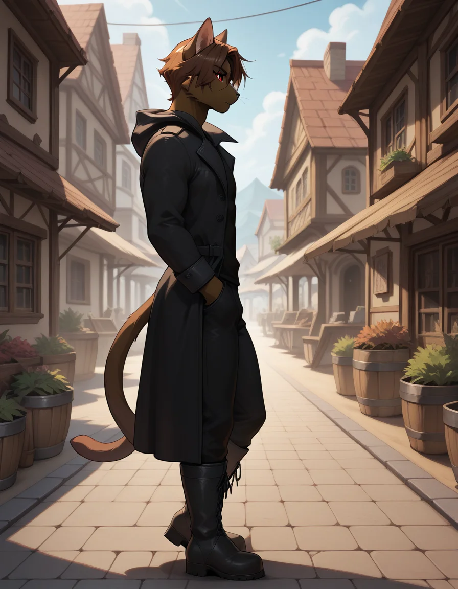 masterpiece, best quality, amazing quality, (carlos_gamerfox:1), ((male focus, 1boy, solo)), male, full body, anthro cat, cat ears, cat tail, from side, red eyes, coat, shirt, boots, pants, ((standing)), village background, <lora:Illustrious\Carlos-Illustrious.safetensors:1.0:1.0>