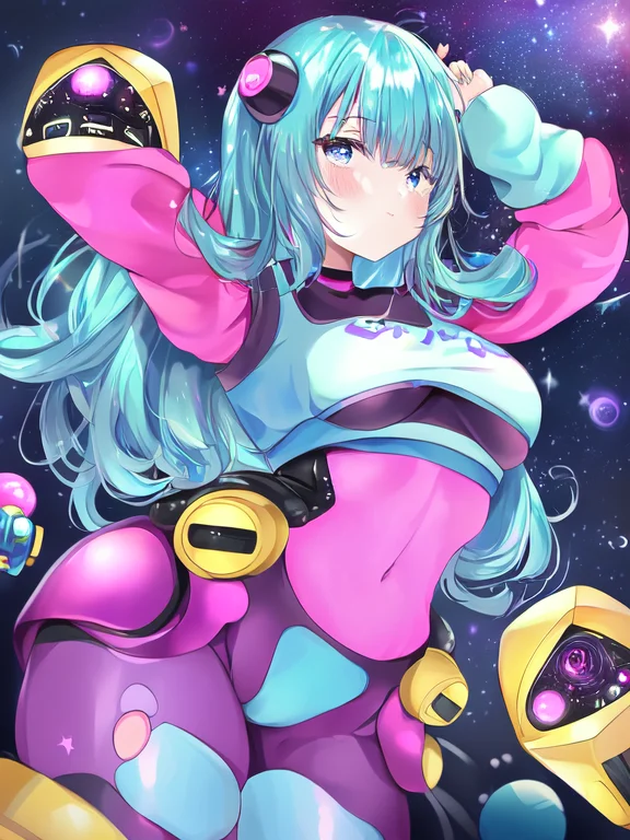 sadness, solo, 1girl, robotic, outer space background, eyes,waist, thighs, retro, hair, arms, hands, cyan, magenta, yellow, masterpiece, by rucaco