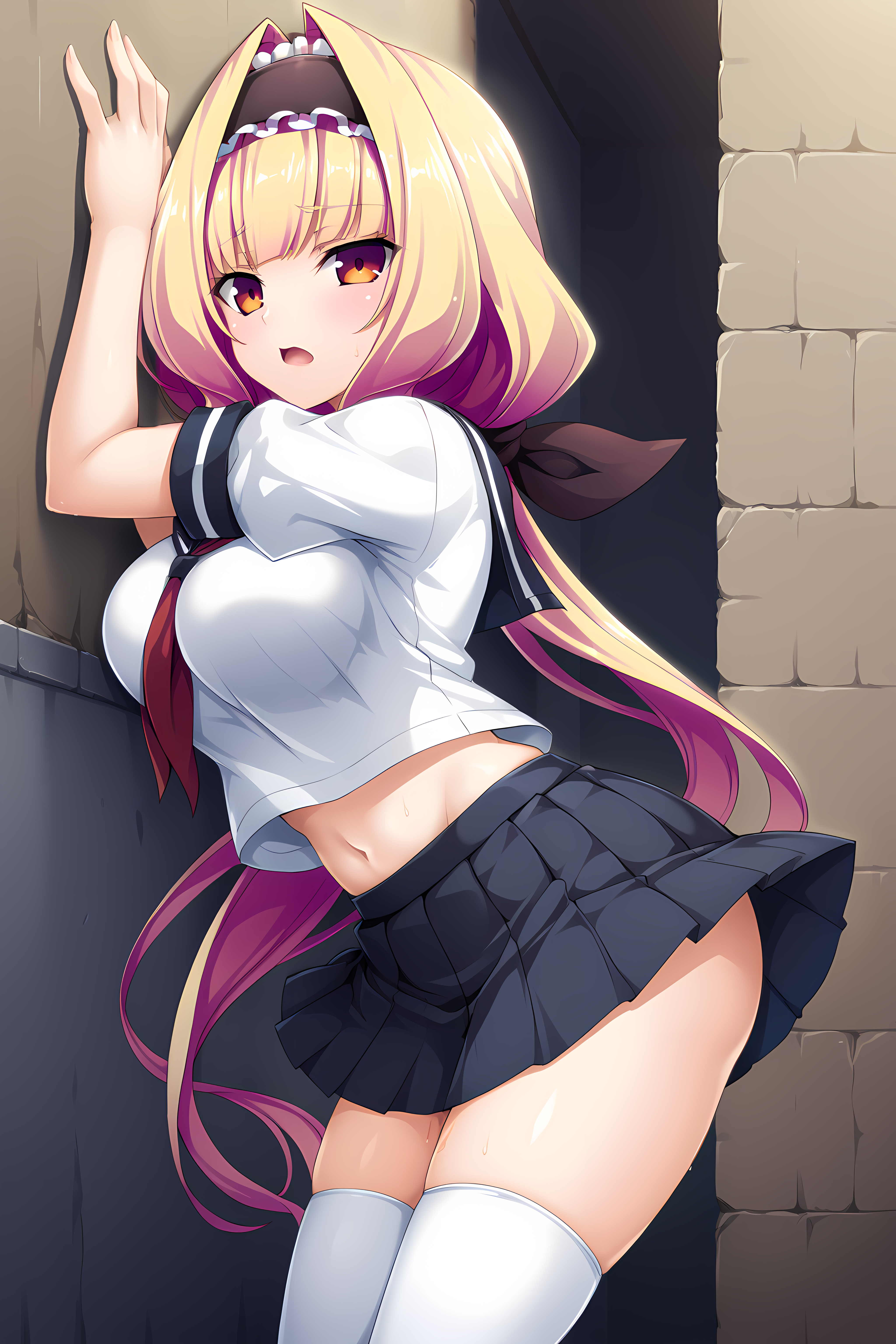 EXA-eyes,EXbackground,EXA,open mouth,azarin,1girl,long hair,large breasts,blonde hair,orange eyes,schooluni,hairband,multicolored hair,very long hair,white thighhighs,skirt,bow,serafuku,hair bow,breasts,zettai ryouiki,pleated skirt,sweat,fanning self,hand fan,hot,summer,against wall,leaning to the side,exhausted,sleepy,body blush,blush,
BREAK <lora:EXS-TIA_MagicaAzarin_-_Lusterise:1>,[from side],scenery,simple background,street,lamppost,, score_9, score_8_up, score_7_up,source_anime,(masterpiece),(best quality),(ultra-detailed),(best illustration),(best shadow),(absurdres),(detailed background),(very aesthetic),source_anime