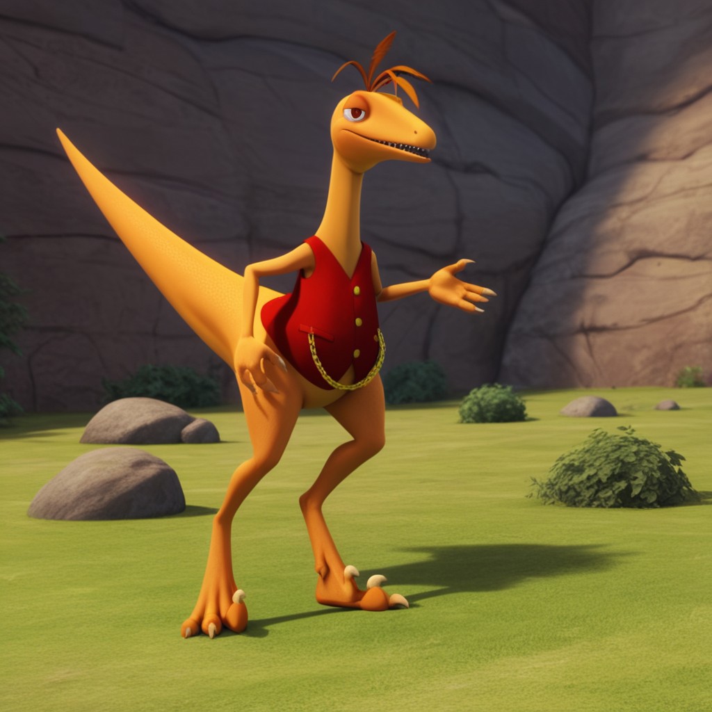 score_9, score_8_up, score_7_up, score_6_up, score_5_up, score_4_up, source_furry, dtmrconductorv2, semi-anthro, male, Troodon, orange skin, brown eyes, dinosaur, feather hair, red vest, gold buttons, gold chain, outside, open clothes, bedroom eyes, seductive, open vest
