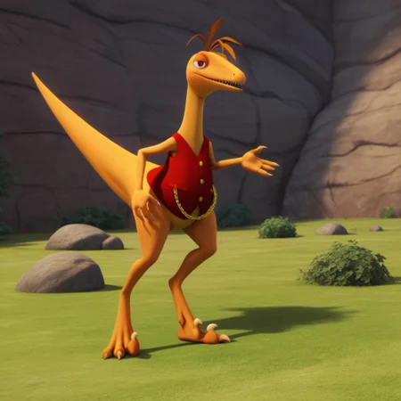score_9, score_8_up, score_7_up, score_6_up, score_5_up, score_4_up, source_furry, dtmrconductorv2, semi-anthro, male, Troodon, orange skin, brown eyes, dinosaur, feather hair, red vest, gold buttons, gold chain, outside, open clothes, bedroom eyes, seductive, open vest