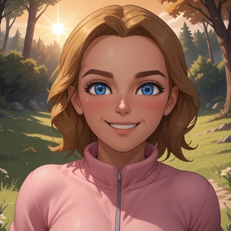 score_9, score_8, BREAK, solo, wii, mii, wii sports, 1girl, female mii, dark blonde hair, blue eyes, brown eyebrows, blush, pink clothing, white pants, shoes, breasts, nintendo mii, modern_mii, classic_mii, Barbara_(Wii_Sports), cute, dark skin, dark skin female, sexy pose, self portrait, smile, outdoors, sunlight, shadows, evening lighting, natural lighting, forest, trees, grass, orange sky, sunset