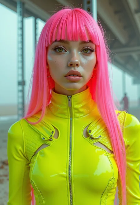 The image is a high-resolution, highly detailed CGI rendering featuring a young woman with a striking, futuristic aesthetic. She has long, vibrant pink hair with straight bangs and is dressed in a neon yellow jumpsuit that contrasts sharply with her hair and the surrounding environment. Her outfit is sleek and form-fitting, accentuating her slender figure. She wears a high-collared, intricate, high-tech-looking jacket with a geometric pattern, adding to the futuristic theme.