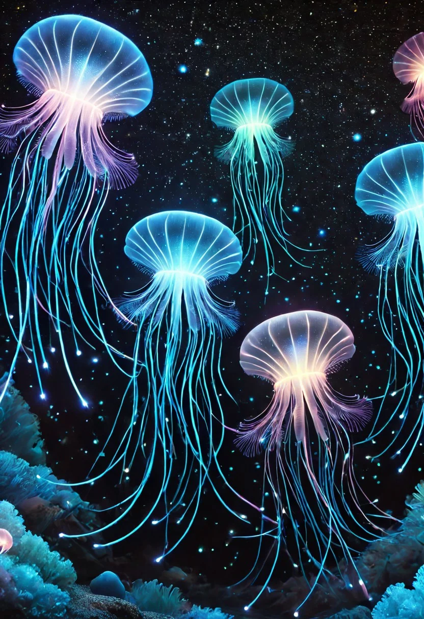 masterpiece, best quality, high resolution, absurdres, ultra-detailed, intricate details, ultra detailed, 8k, highly detailed, very aesthetic, professional 4k, Canon 5d mark 4, extremely detailed, very_detailed, high_detail, sharp focus, clean lines, perfect anatomy, realistic style,
(cute jellyfish:1.1) illuminated by bioluminescent feathers. glowing feathers, casting a soft, ethereal light.
The overall atmosphere is serene and magical, with a starry night sky visible.
black background,
film grain, cinematic, colorful, moody lighting, natural light, soft light, depth of field, bokeh, light particles, backlight, chiaroscuro, refraction, subsurface scattering