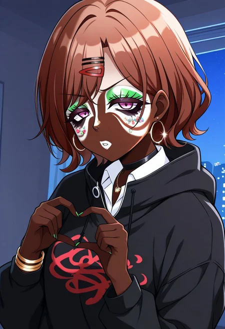 Score_9,score_8_up,score_7_up,score_6_up,source_anime,masterpiece, best quality, 4k, absurdres, 8k,detail,1girl,solo,neon glow,hoop earrings,dark-skinned female,ggr,(jet-black skin:1.2) BREAK
(yamanba, white facepaint makeup:1.3),face stickers,star stickers, heart stickers, eyeshadow, very dark skin, (glitter, long thick eyelashes),(green makeup),  BREAK
higuchi madoka, short hair, brown hair, purple eyes, hairpin, BREAK 
white shirt, collared shirt, hood, sweater, open black hoodie, collared shirt, gold bracelets, necklaces,choker,accessories, hair ornament,
4-finger heart hands,sideways,
(indoors:1.1),(night:1.2),room, (upper body), Dutch Angle Shot, (dynamic pose:1.2), face focus, eyes focus, BREAK 
Expressiveh,half-closed eyes, horny face, irritable, frowning,  BREAK OverallDetail,Frontlight,