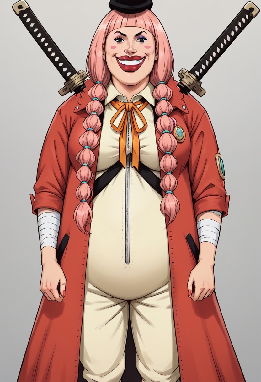 CharlotteLolaOP, 1girl, solo, chubby, long hair, pink hair, bangs, black hat, two pigtails, braids, black eyes, nose, shiny red lips, blush stickers, large head, teeth, one missing tooth, makeup, large breast, large belly, red coat, light green clothes, collar, neck ribbon, shoes, bandages, weapon, katana, weapon on back,
seductive pose, sexy pose, tease,  in the spotlight,,
smile,   jojo reference, 
score_9, score_8_up, score_7_up, beautiful aesthetic, very intricate, high quality details,vibrant, highly detailed, award-winning, professional,anime artwork, anime style, studio anime, athletic, curvy body, athletic girl, perky tits,large breast,perfect tits, round breasts, nipple outline,looking at viewer, pinup pose,teasing, dynamic lighting, cinematic, smug, better than you, aura of temptation, highly detailed, high resolution, masterpiece, detailed clothes, detailed background, highly detailed, ((sound effects)) comic layout,