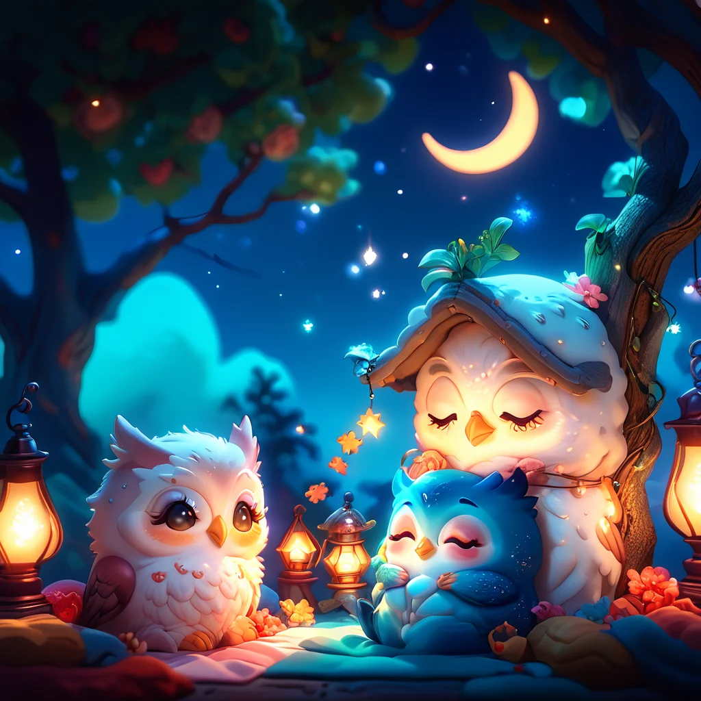 core_9, score_8_up, score_7_up, score_6_up, <lora:ArsMJStyle_-_Cute:1> ArsMJStyle, Cute, Sleepy owl family in cozy treehouse at night. Crescent moon, twinkling stars, warm lamplight from windows. Cute owl expressions, quilted blankets, simple tree texture.