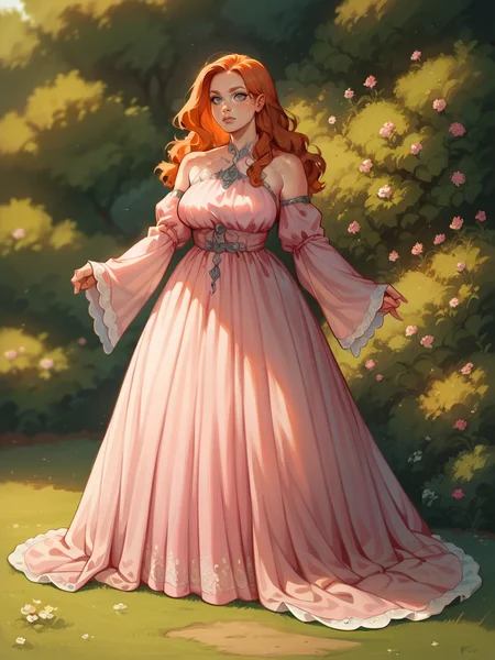 score_9, score_8_up, score_7_up, score_6_up, score_5_up, score_4_up, long hair, ginger hair, large breasts, <lora:Fr3ckledXLP:0.3> Fr3ckles,1girl, freckles, grey eyes <lora:v0gp1nkXLP:0.5>v0gp1nk,bare shoulders,pink dress,long sleeves,full body,