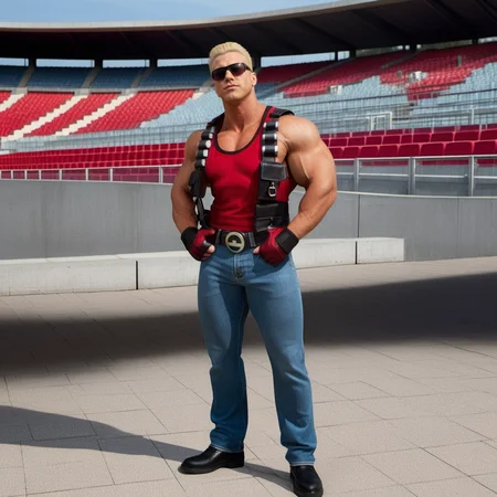 DukeNukem1024, a muscular blond man with sunglasses, wears red shirt and jeans pants, full body, nuclear symbol, stadium , highly detailed, photography, ultra sharp, film, professional, 64k <lora:add-detail-xl:1.5> <lora:DukeNukem1024:0.8>