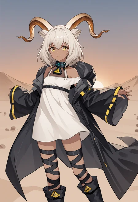 score_9, score_8_up, score_7_up, source_anime, bwdef, yellow eyes, dark skin, dark-skinned female, white hair, hair between eyes, twintails, low twintails, animal ears, goat ears, horns, goat horns, infection monitor \(arknights\), black collar, white dress, short dress, off shoulder, bare shoulders, hood, black jacket, open jacket, black coat, open coat, wide sleeves, long sleeves, thigh strap, black ribbon, leg ribbon, black footwear, boots, desert, smile, sunset<lora:BeeswaxPonyXLv6-20:1>