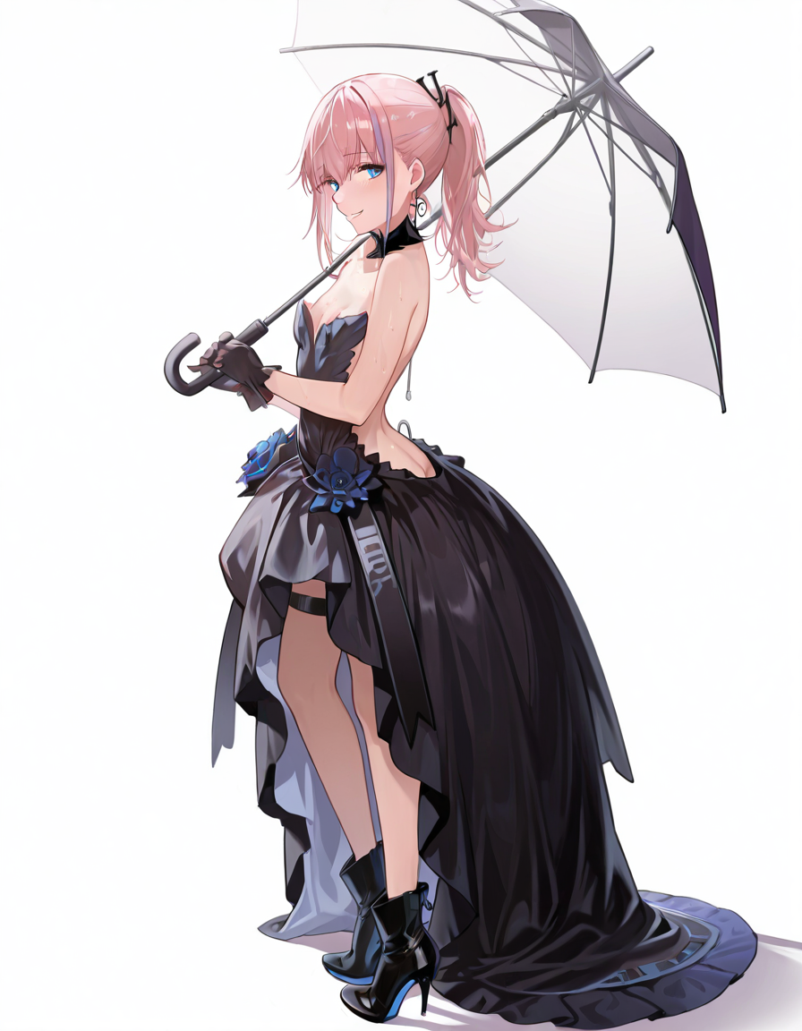 Volumetric Lighting, (masterpiece), (best quality), (ultra-detailed), masterpiece, source_anime, score_9, score_8_up, score_7_up BREAK, illustration, disheveled hair, detailed eyes, perfect composition, moist skin, intricate details BREAK, AR15, pink hair, blue eyes, long hair, ponytail,streaked hair, small breast BREAK, Dreamscape Prisoner, DP_backless_dress, DP_hair_ornament, DP_gloves, DP_high_heel_boots BREAK, ((white background)), looking at viewer,smile, fullbody, standing, holding umbrella, shadow, front view