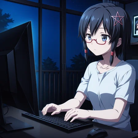 <lora:spo_sdxl_10ep_4k-data_lora_webui:0.5>, <lora:Naho3CoPaXL:1> short hair, pentagram hair ornament, red glasses, hair tubes, anime screenshot, anime coloring, indoors, night, dark, monitor, computer, bored, elbow on table, short sleeves, sitting, bedroom, typing, bloom