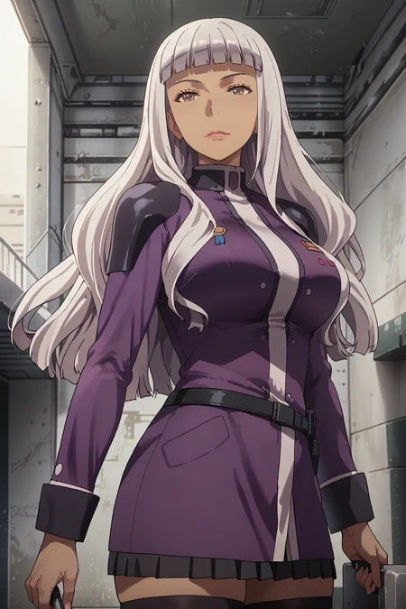 score_9, score_8_up, score_7_up, score_6_up, score_5_up, score_4_up, source_anime, BREAK, (extremely detailed CG, best quality:1.1), high quality, masterpiece, mature female, nfsw, uncensored, extremely detailed character, detailed eyes, perfect face, 1girl, long hair, brown eyes, grey hair, dark skin, blunt bangs, bangs, uniform, grey eyes, military, military uniform, belt, skirt, legs, thigh, thighhighs, grey hair, boots, uniform, high heels, shoulder pads, lendy farolito
<lora:lendy_farolito:1> <lora:cfg_scale_boost:0.5> <lora:incase-ilff-v3-4:0.6>