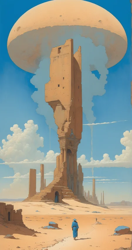 A vast desert with ancient ruins and a pale blue sky, a colossal sandstorm approaching, beige and blue, the impending storm, in the style of Jean Giraud, in the style of Moebius