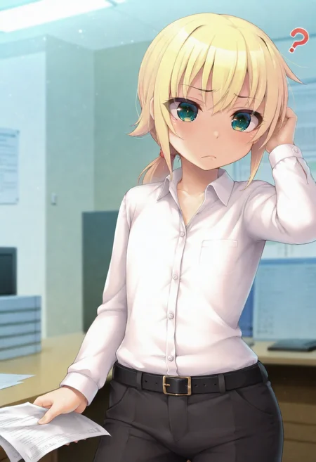 masterpiece, best quality, amazing quality, indoors, office, solo, <lora:naruasuka:1> 1boy, otoko no ko, blonde hair, long hair, low ponytail, green eyes, dress shirt, long sleeves, belt, dress pants, holding papers, scratching head, ?, frown, furrowed brow,
