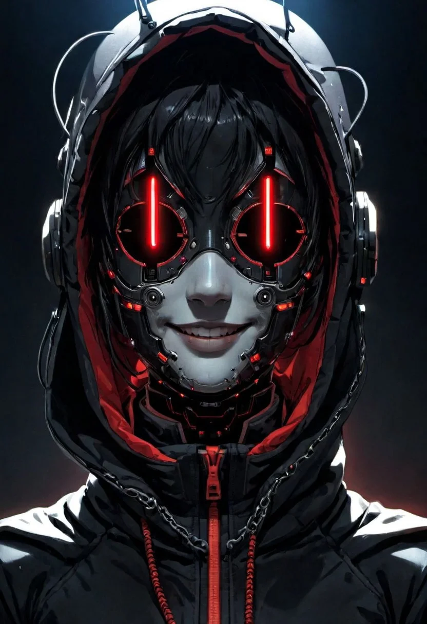 dim light, low light, dramatic light, partially covered in shadow, photo in phst artstyle, mechanical parts, wires, cables, cyberpunk, closeup portrait of shy smiling spaceage anime Girl with a half robot face, black skin, vibrant red/white colored, closeup photo of an wired-cyborg assassin with half robot face wearing a black high collar hooded parka, solo, woman, high collar parka, upper body,, female focus, crepuscular rays, volumetric lighting, ultra detailed, deep Blacks, very detailed, atmospheric haze, Film grain, cinematic film still, shallow depth of field, highly detailed, high budget, cinemascope, moody, epic, OverallDetail, 2000s vintage RAW photo, photorealistic, candid camera, color graded cinematic, eye catchlights, atmospheric lighting, imperfections, natural, shallow dof
