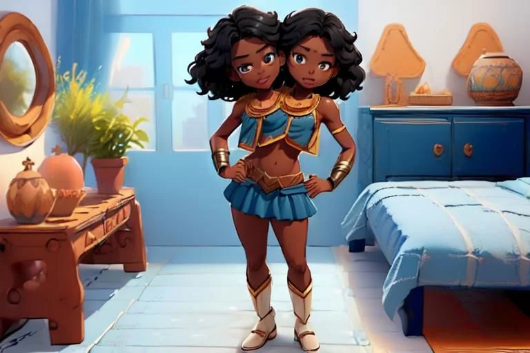 (masterpiece, best quality:1.5), shorthair, black, darkskinnedfemale, <lora:conjoined_dicephalus:1>, (conjoined_twins, two heads:1.5), 1girl, masterpiece, best quality, peplos, blue greek clothes, blue eyes, dark skin, bare shoulders, earrings, flat chest, jewelry, solo, smile, bedroom <lora:WonderWoman:1.5> standing, raised right arm, left hand on hip, arguing