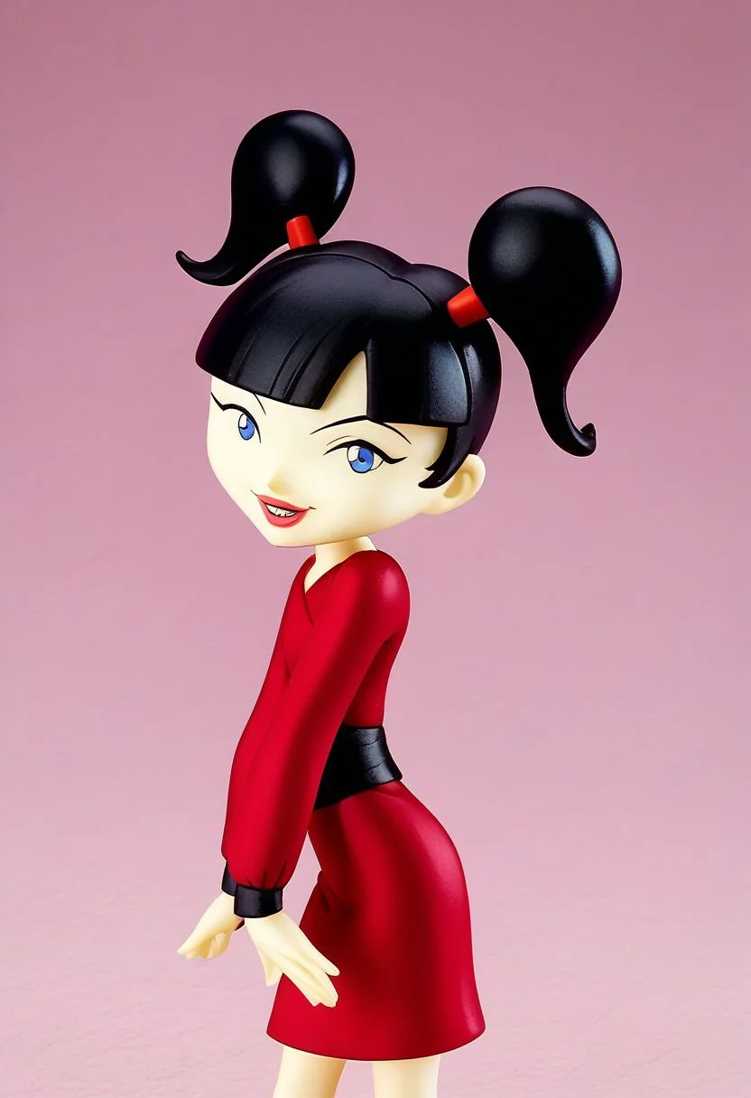 1girl, solo,<lora:Anime_Figure_P1:0.7> figure, kimiko, black hair, twintails, bangs, smile, long sleeves, red dress, blunt bangs, looking at viewer, lipstick