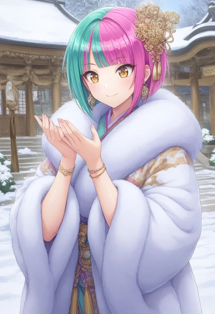 prefect lighting,very aesthetic,prefect hands,best quality,
intricate details,highly detailed background,(masterpiece:0.9),high quality,lustrous_skin,skindentation,(zPDXL3),
ultra delicate hair,
face_detail,
skin_detail,<lora:cfg_scale_boost>,
lustrous_skin,skindentation,
shiny skin, masterpiece,best quality,ultra-detailed, shorx1, 1girl, st_helly, multicolored hair, smile, bracelets, earrings, multicolored fur coat, hair ornament, snow, houses, temple, upper body,