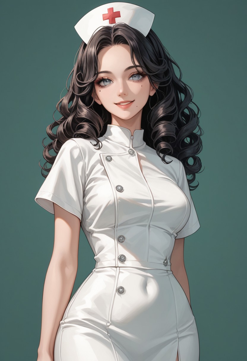 score_9, score_8_up, score_7_up, score_6_up, score_5_up, score_4_up, source_anime,hentai, anime, masterpiece,
puffy girl, wide hips, grey eyes, mole under eye, makeup, black hair curly hair, long high-ponytails with hair rim lighting,
wearing white nurse dress with nurse cap,
indoor hospital bedroom background, green walls, 
selfie shot, volumetric lighting, smiling, standing pos