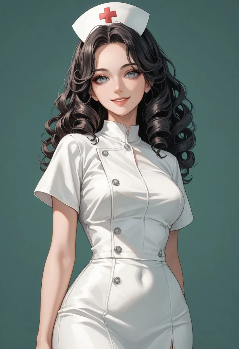 score_9, score_8_up, score_7_up, score_6_up, score_5_up, score_4_up, source_anime,hentai, anime, masterpiece,
puffy girl, wide hips, grey eyes, mole under eye, makeup, black hair curly hair, long high-ponytails with hair rim lighting,
wearing white nurse dress with nurse cap,
indoor hospital bedroom background, green walls,
selfie shot, volumetric lighting, smiling, standing pos