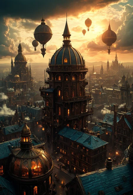 depicting a sprawling, fantastical cityscape with a steampunk aesthetic. The layout is a wide panoramic view showcasing a dense array of intricately designed buildings with pointed spires, domes, and elaborate architectural details. The structures are predominantly dark with hints of blue and bronze, creating a moody atmosphere. In the sky, several airships float among the clouds, adding to the steampunk theme. The city is bathed in a soft, diffused light, suggesting either dawn or dusk, with a warm glow emanating from windows and streetlights. Smoke rises from chimneys, contributing to the industrial feel. The foreground features a large, ornate dome with intricate patterns, while the background reveals a vast city stretching into the distance, with towering buildings silhouetted against the sky. The overall scene is rich in detail, evoking a sense of wonder and adventure.