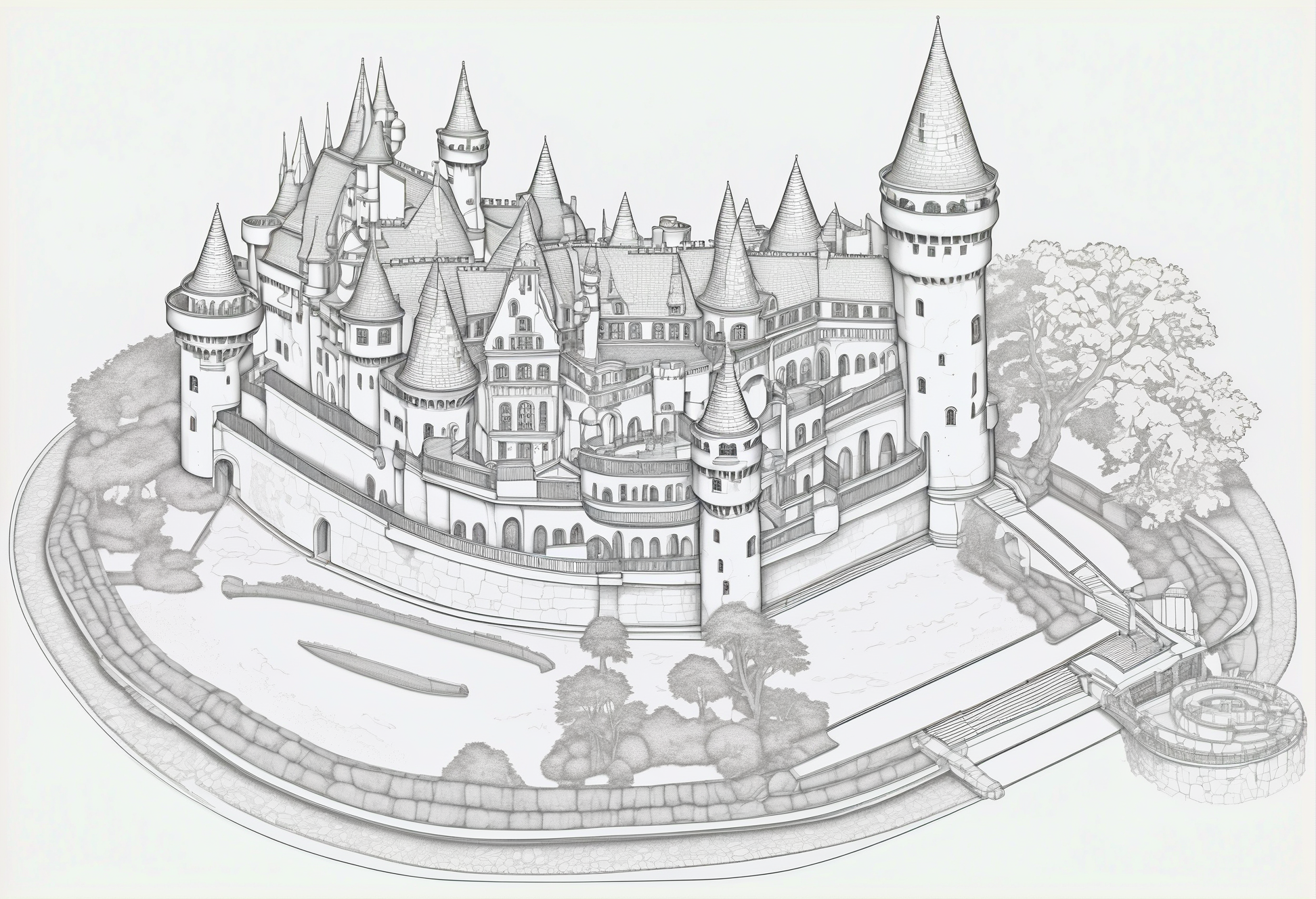 floorplan of a fantasy castle palace on the rhine river, asymmetrical, high resolution<lora:floorplans-prod-e-000012:1>