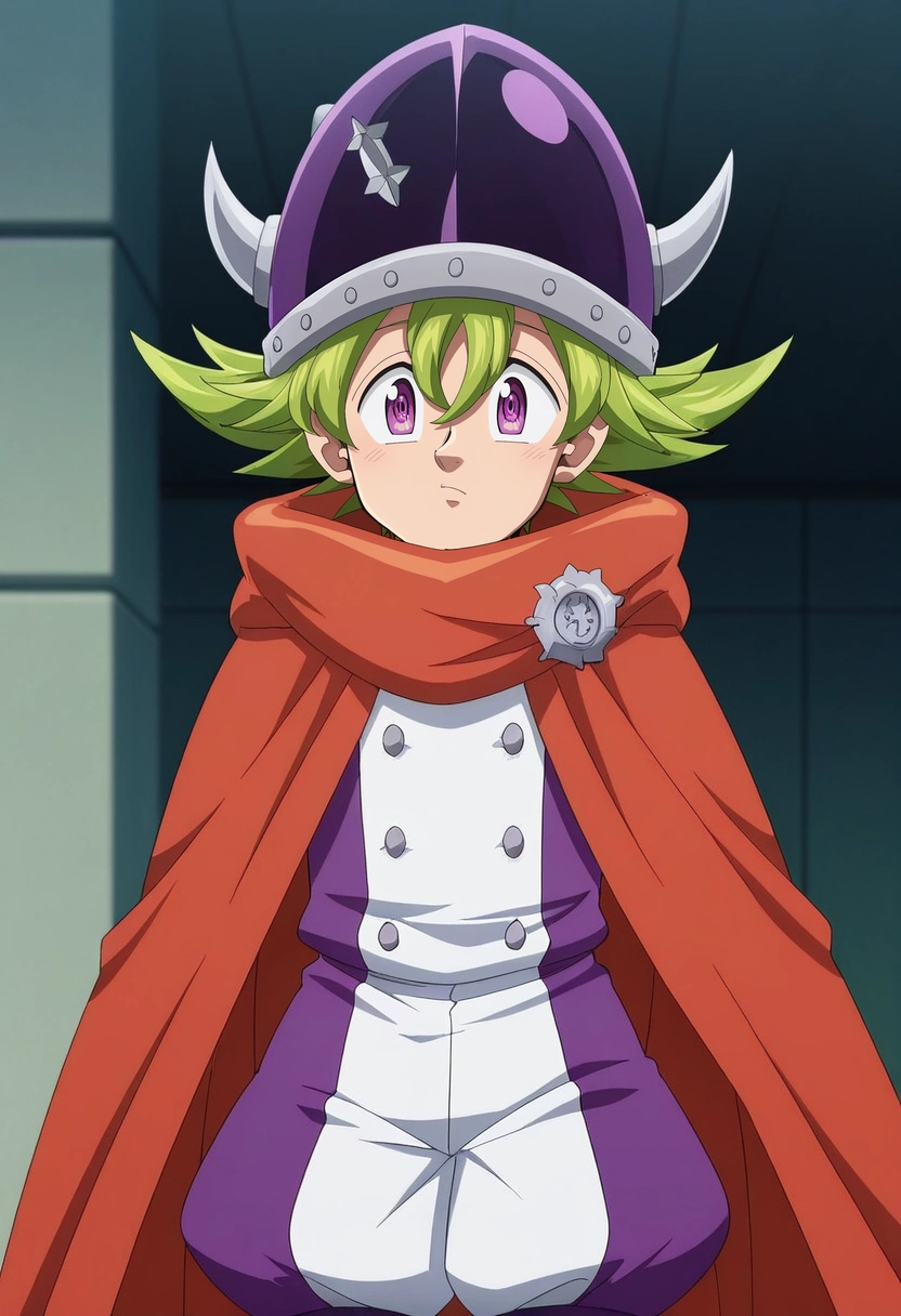 masterpiece, best quality, anime screencap, official style, anime coloring, cowboy shot, 1boy, solo, male focus, <lora:percival_nnt_mny_ilxl:0.92>, percival_nnt_mny, green hair, purple eyes, spiked hair, hair between eyes, bangs, helmet, horned headwear, orange cape, puffy shorts, , ,