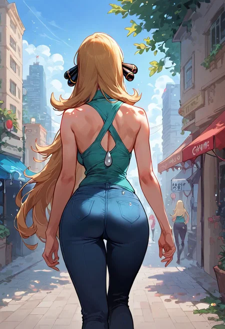 cynthia_\(pokemon\), score_9,score_8_up,score_7_up,score_6_up,solo, 1girl, one eye, anime, grey eye, long hair, blonde hair, hair ornaments, cyan sleeveless shirt with a turtle neck, ++dark pants, walking down the street, pureerosface_v1, day, day time, city background, seen from behind, back shot, back, thick ass