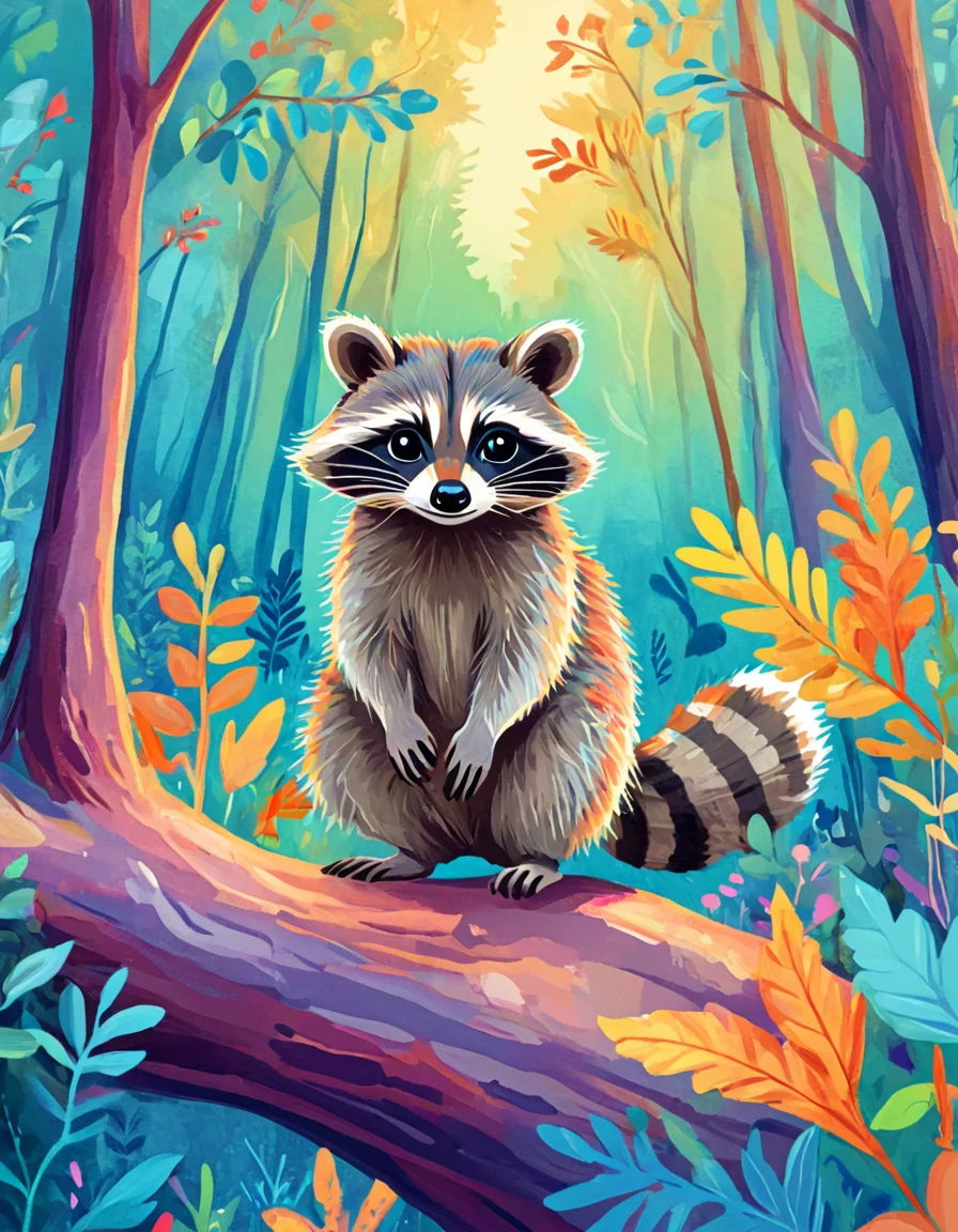 novuschroma style raccoon in a forest <lora:106_novuschroma_1:1>
