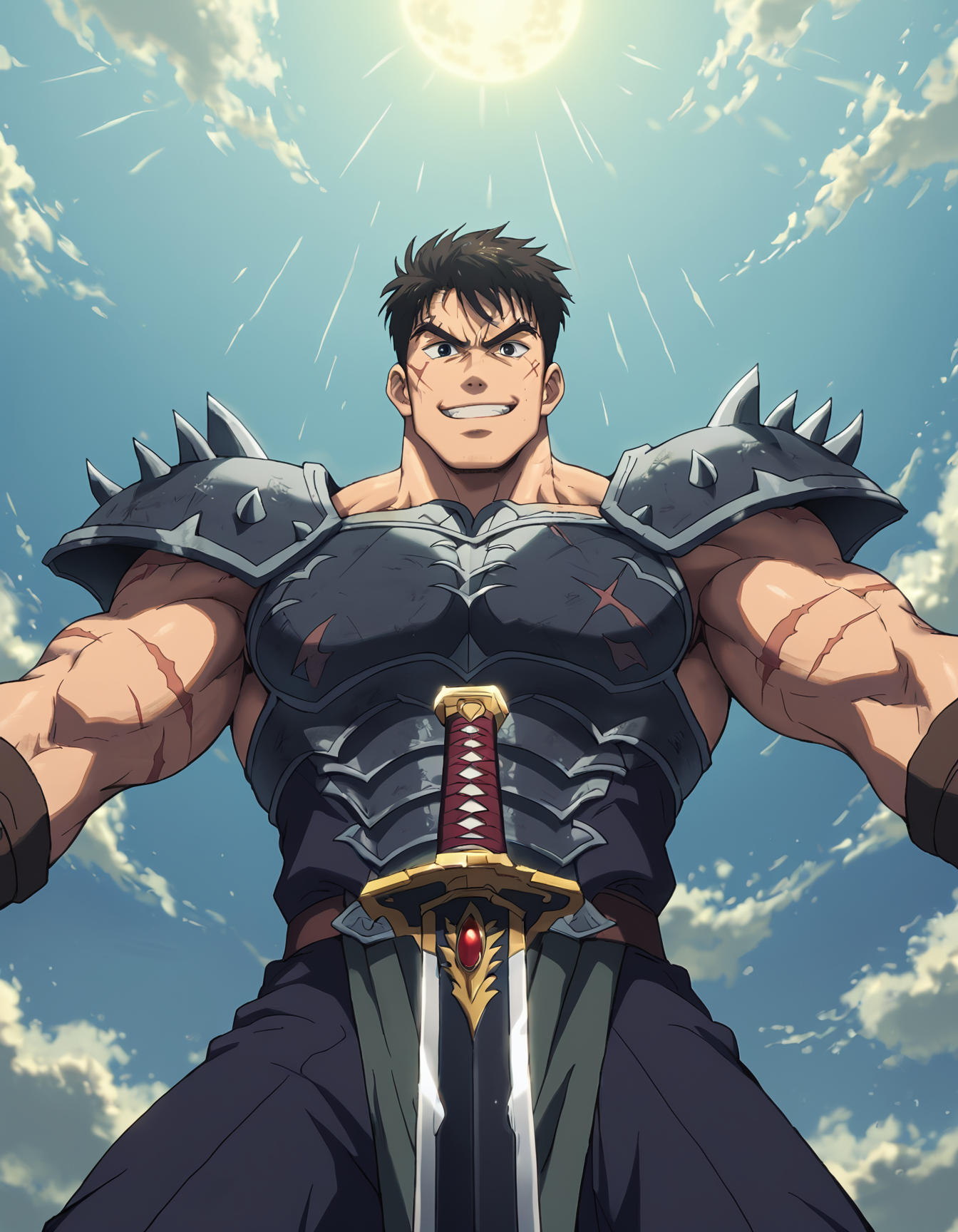 <lora:Ninja_Master_Gara:1>, low angle shot,
gara man, grin, armor, gloves, scar, muscular, holding sword, black eyes, (wide round face:1.2), (dynamic pose:1.5), nighttime moonlight,
<lora:S1_Dramatic_Lighting_v2:0.6>,  <lora:add-detail-xl:0.5>