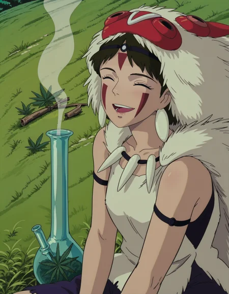 <lora:Princess Mononoke IL:1> MononokStyle, ghistyle, mononoke hime
1girl, solo, upper body, grass, sitting, marijuana, bong, happy, closed eyes, open mouth