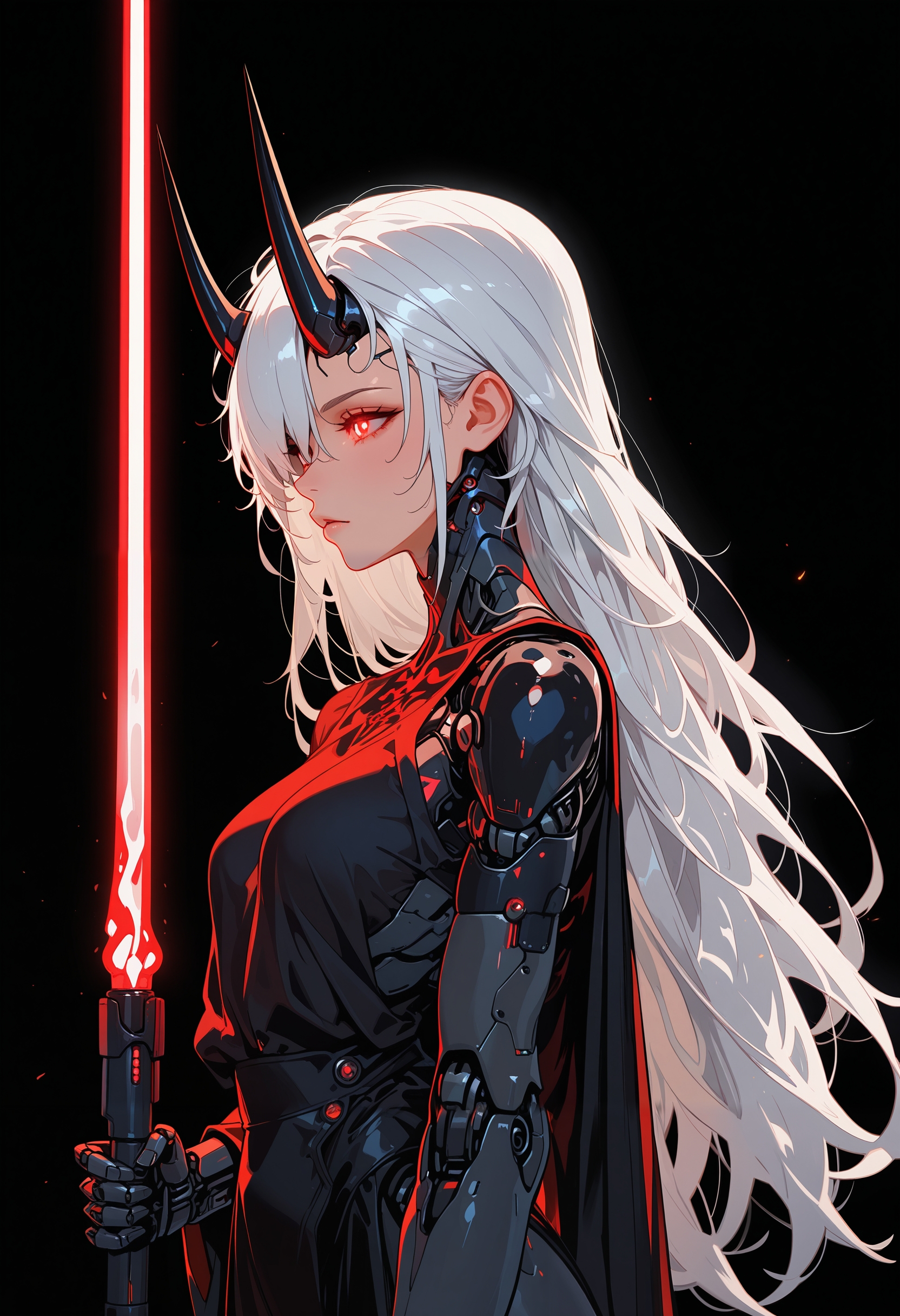 masterpiece, best quality, good quality, very aesthetic, absurdres, newest, 8K, depth of field, focused subject, 
side view, 
in the style of ckncore, 1girl, solo, glowing black hair, white hair, hair over one eye, long hair, red eyes, glowing eyes, devil eyes, horns, sith clothing, robe, joints, robot joints, cyborg, holding red lightsaber, black background