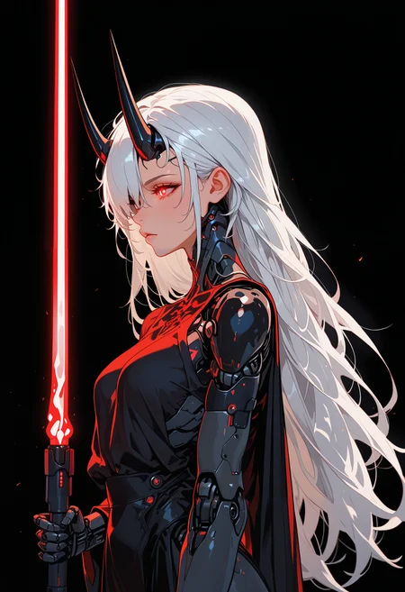 masterpiece, best quality, good quality, very aesthetic, absurdres, newest, 8K, depth of field, focused subject, 
side view, 
in the style of ckncore, 1girl, solo, glowing black hair, white hair, hair over one eye, long hair, red eyes, glowing eyes, devil eyes, horns, sith clothing, robe, joints, robot joints, cyborg, holding red lightsaber, black background