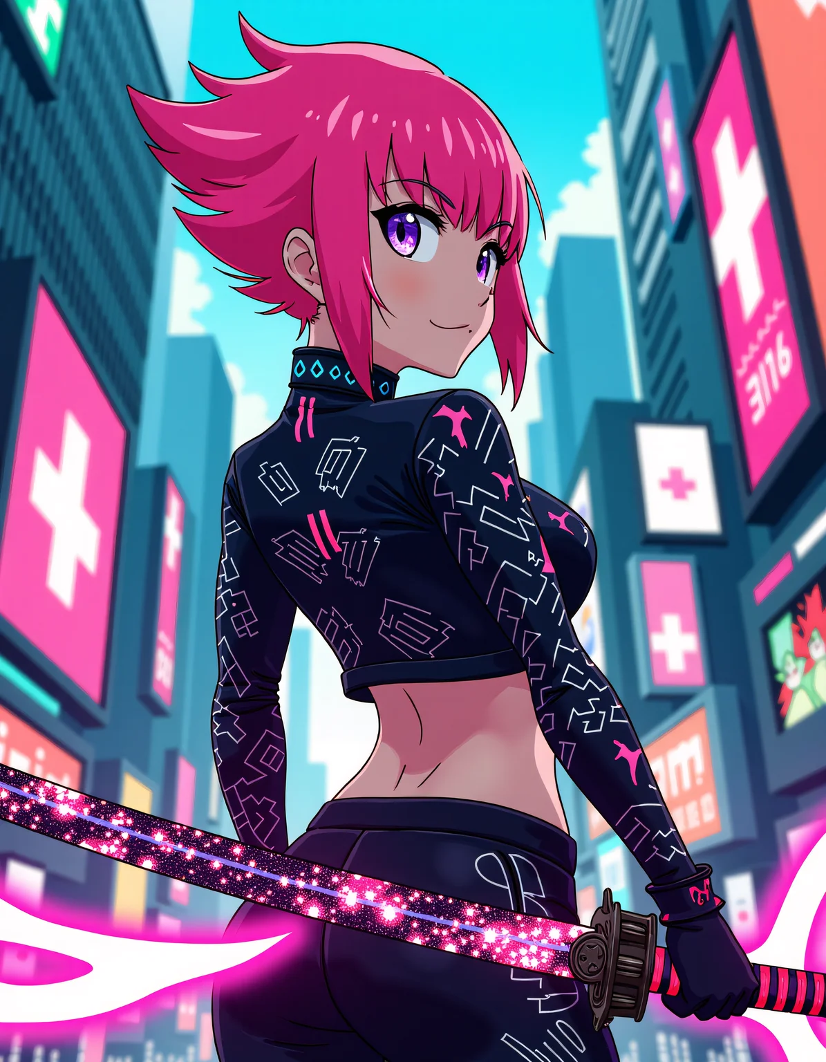 Vibrant and exaggerated aesthetics, anime style, a futuristic warrior with bright pink hair styled in a sleek undercut holds a glowing katana embedded with digital patterns. Her eyes are sharp and augmented with neon-like pupils that scan her surroundings. She stands in the middle of a city filled with holographic billboards and towering skyscrapers, ready for battle. The energy radiating from her katana forms a visual wave, creating an electrifying sense of anticipation in the scene. <lora:xlranime-sushio:1.0>