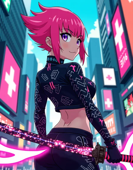 Vibrant and exaggerated aesthetics, anime style, a futuristic warrior with bright pink hair styled in a sleek undercut holds a glowing katana embedded with digital patterns. Her eyes are sharp and augmented with neon-like pupils that scan her surroundings. She stands in the middle of a city filled with holographic billboards and towering skyscrapers, ready for battle. The energy radiating from her katana forms a visual wave, creating an electrifying sense of anticipation in the scene. <lora:xlranime-sushio:1.0>