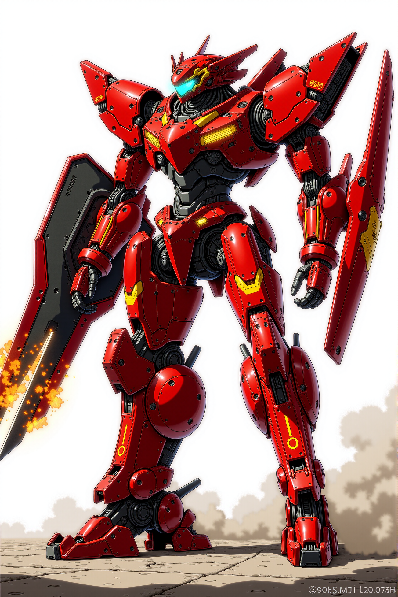 <lora:Mecha_Anime_style_v.1:0.8> An imposing crimson mecha stands in a commanding stance, enveloped in baroque, angular armor reminiscent of infernal gothic plate, its surface forged in deep scarlet lacquer with fiery golden inlays that trace arcane sigils and heraldic motifs across the torso and limbs. Shimmering with a reflective sheen, the armor is lit dramatically by backlit flame tonesâmolten oranges and yellows erupting from beneath segmented pauldrons and wing-like thruster arrays, stylized into blade-edged silhouettes. A glowing cyan mono-eye pierces through the sleek, dragon-helm-styled headpiece, casting sharp reflections across the blackened visor. Its left arm carries a monolithic shield etched with a sigil, while the right holds a searing energy blade glowing white-hot at its edge, trailing embers. The scene is composed in high-contrast chiaroscuro with luminous edge-highlighting and painterly brushstrokes in the background softly dispersing into the void of white space.
