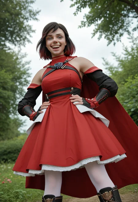 score_9, score_8_up, score_7_up,, high res ima , source_photo, source_real, (realistic:1.4),
,
((close up face)), ((closeup face)), 
1girl, cowboy shot, solo, outdoors, smile, looking at viewer, <lora:Summer_Rose_-_IL:0.8> SummerRose_RWBY,  short hair, black hair,gradient hair, grey eyes, fingerless gloves, detached sleeves, bare shoulders,  red dress,pantyhose, red cape, boots, masterpiece, best quality, good quality, newest, 
hands hip, crazy pose, low angle, from back:2