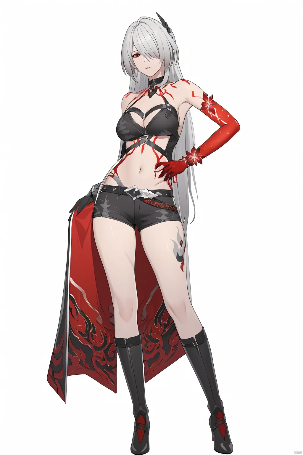 score_9,score_8_up,score_7_up,best quality,masterpiece,source_anime,8k,best quality,masterpiece,(ultra-detailed),(high detailed skin),
(full body),white background,standing,looking at viewer,(solo),hand on hip,
whuangquan, white hair, asymmetrical clothes, 1girl, breasts, long hair, red eyes, hair over one eye,navel,bangs,cleavage,bloody hand,single glove,single sleeve,
(white background, simple background),
,full_shot<lora:EMS-333557-EMS:0.800000>