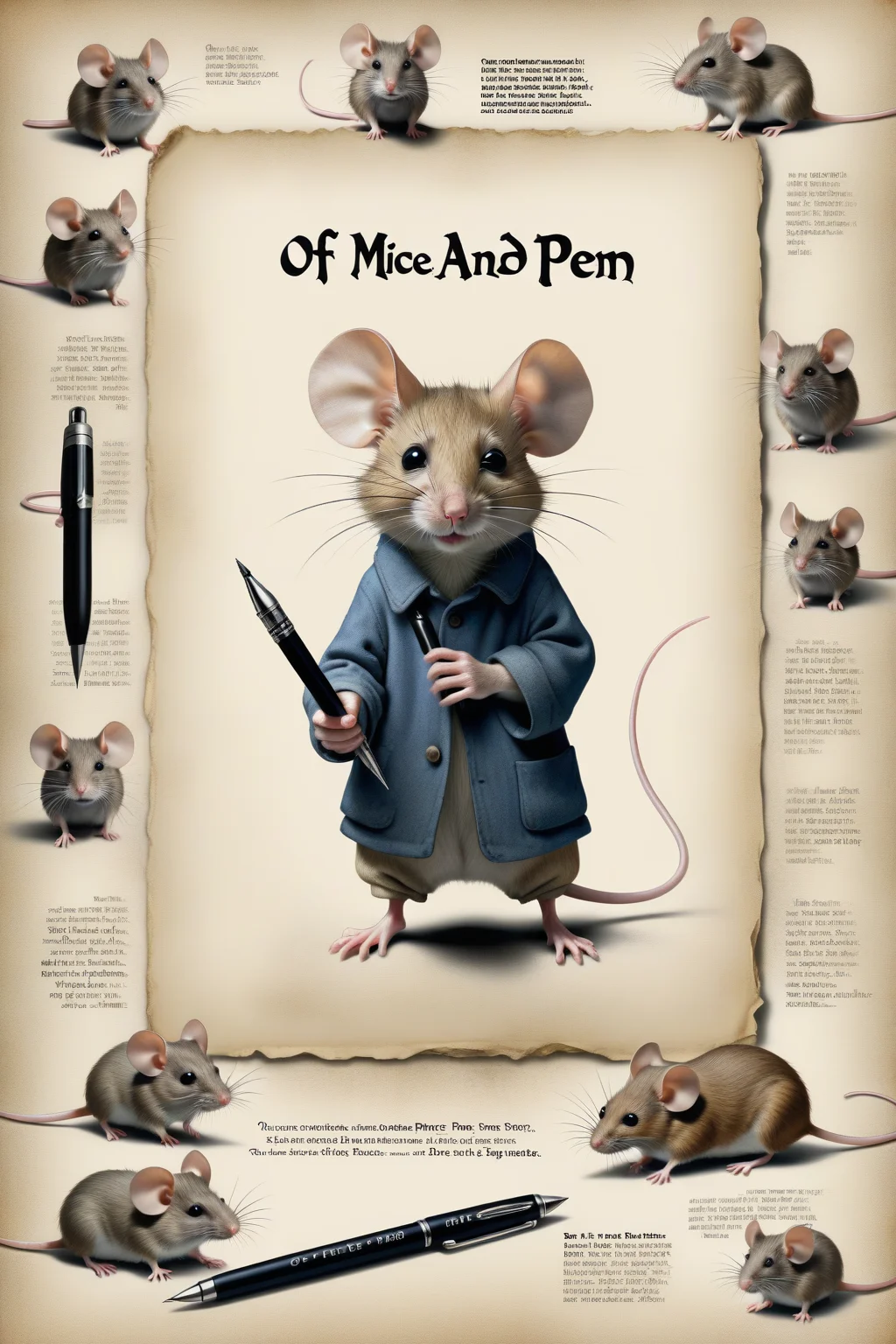 Movie Poster page "Of Mice and Pen" text:"Of Mice and Pen"<lora:EMS-251729-EMS:0.800000>, <lora:EMS-371669-EMS:0.900000>