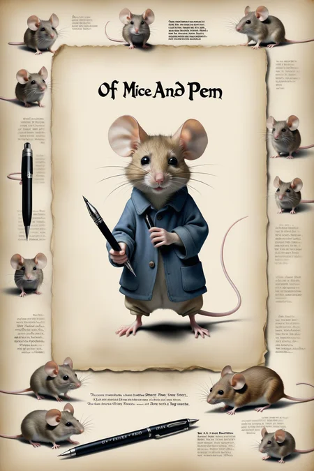 Movie Poster page "Of Mice and Pen" text:"Of Mice and Pen"<lora:EMS-251729-EMS:0.800000>, <lora:EMS-371669-EMS:0.900000>