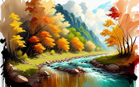 speed painting of a stunning flowing river, drybrush, paint brush strokes, warm, soft focus, cozy
