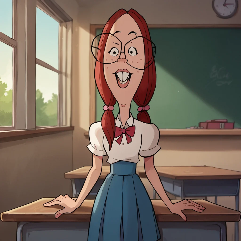 score_9, score_8_up, score_7_up, Gretchen, 1girl, red hair, long hair, twintails, glasses, freckles, buck teeth, looking at viewer, small breasts, narrow waist, wide hips, school uniform, classroom, desk, highres, high quality, masterpiece, <lora:Gretchen_Grundler:1>