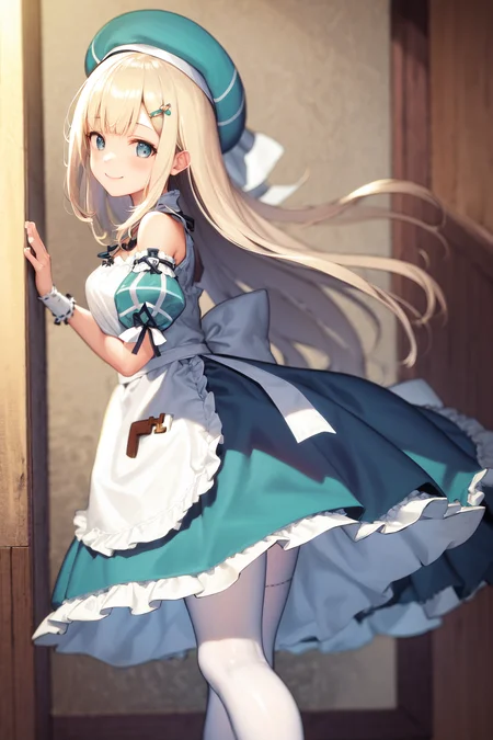 masterpiece, best quality, highres, 1girl yomi, hat dress apron <lora:yomi:1> smile, standing, from side