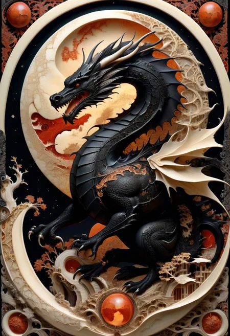 Majestic digital artwork: Profile of ultimate armoured ninja stands serenely beside colossal black dragon wrapped around massive blood-red full moon. Dramatic lighting casts warm glow from moon, highlighting ninja's imposing figure and dragon's intricate scales, sharp claws, and expressive features. Muted greys and whites swirl in background, contrasting with vibrant reds and deep blacks. Textured moon's surface glistens with subtle highlights.
made of scrimshaw traversing an enchanted forest path made of scrimshaw , dusk time ambiance, detailed, fantasy art , neon outlines made out of scrimshaw, ebony, ivory, scrimshaw, bone carving