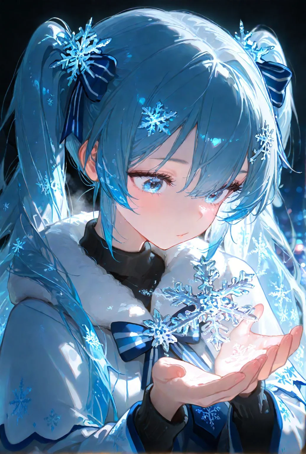 masterpiece,best quality,amazing quality,very aesthetic,absurdres,newest,1girl,yuki miku,snowflake,snowflake hair ornament,snowflake print,snowflakes,striped bow,twintails,upper body,long hair,<lora:Snowflake:1>,
masterpiece,best quality,amazing quality,very aesthetic,absurdres,newest,<lora:ponyv5_noobV065S_1_adamW:0.5>,<lora:AIイラストおじさん_style_illustrious_goofy:0.4>,<lora:USNR STYLE_XL_loha:0.5>,<lora:S1_Dramatic_Lighting_v2:0.5>,<lora:illustrious_noobai_epsilon_pred_11_very_aesthetic_v1:0.5>,<lora:illustrious_noobai_epsilon_pred_1_best_quality_v1:0.5>,